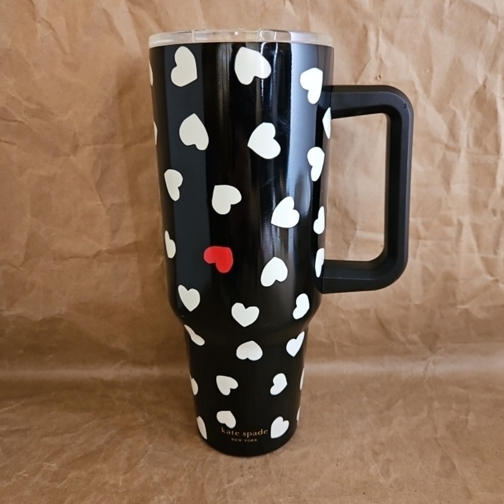 Kate Spade 40oz Tumbler - Black  White and Red Hearts No Straw